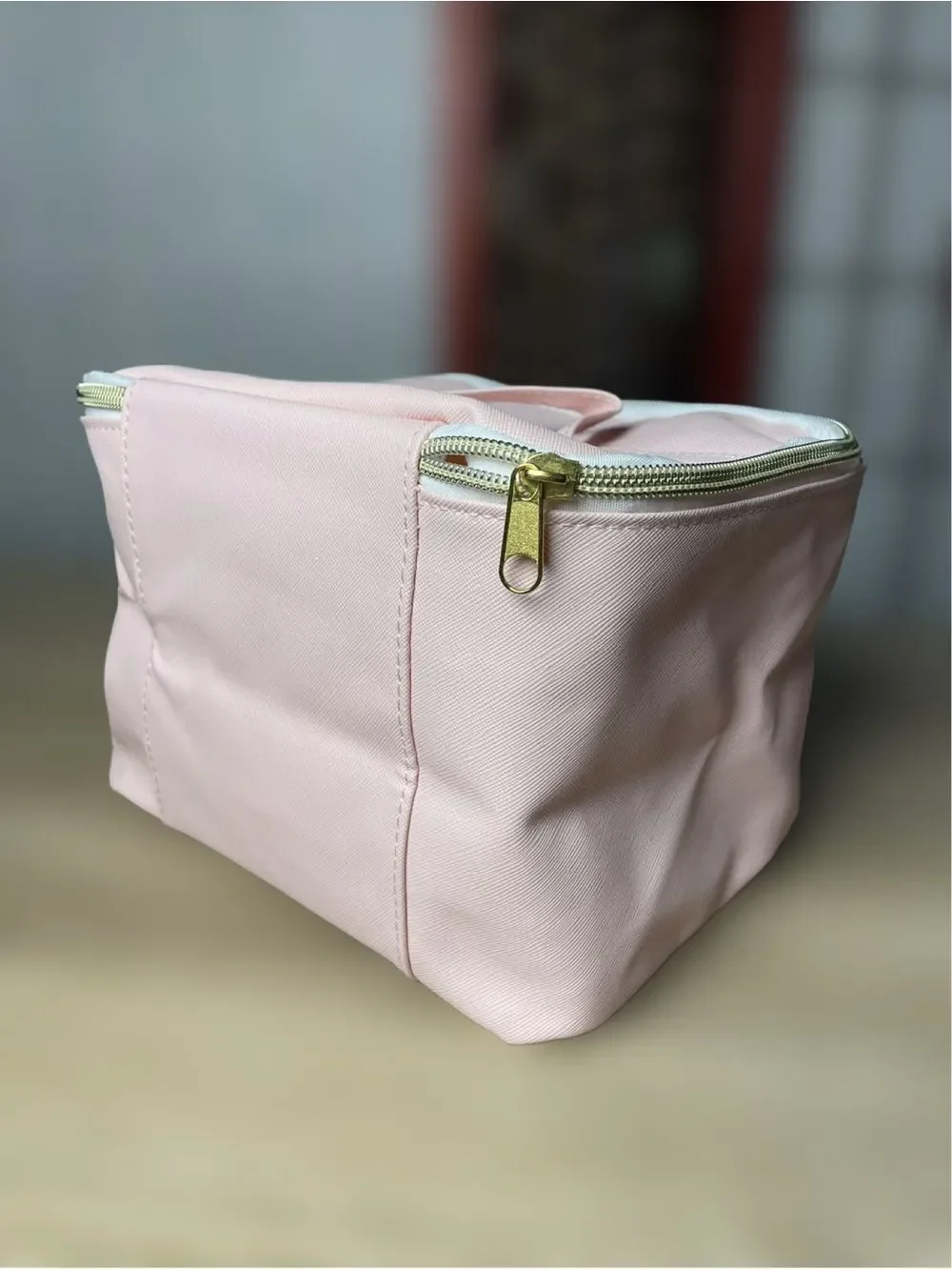 Pink Compact Travel Cosmetic Bag with Top Handle & Gold Hardware - Textured
